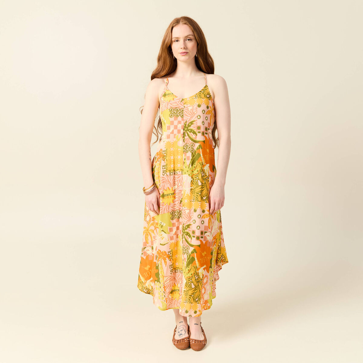 Robe longue droite orange corail femme