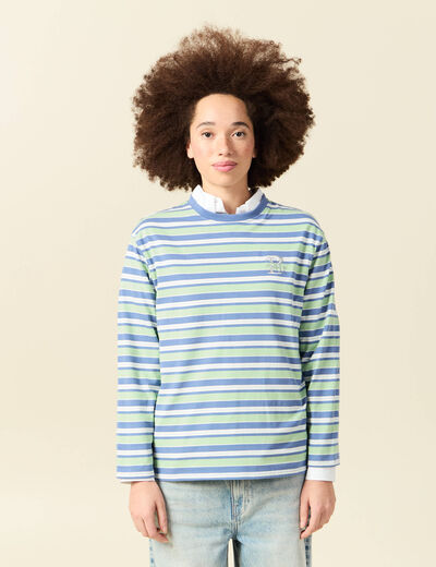 T-shirt ray&eacute; col rond manches longues vert menthe femme