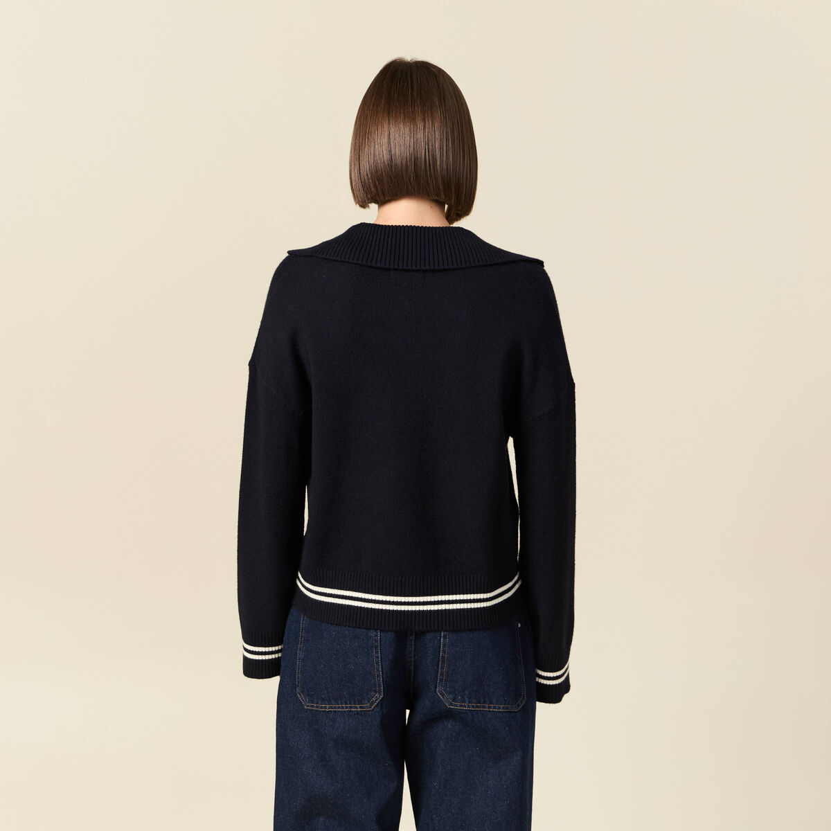Pull col polo manches longues bleu marine femme