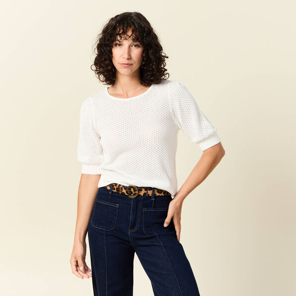 pull manches courtes ajoure creme femme Pull manches courtes ajouré creme femme