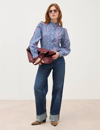 Chemise droite en coton manches longues bleu marine femme