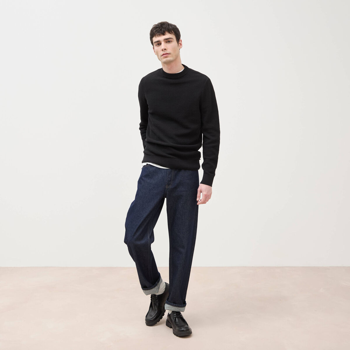 Pull col rond noir homme