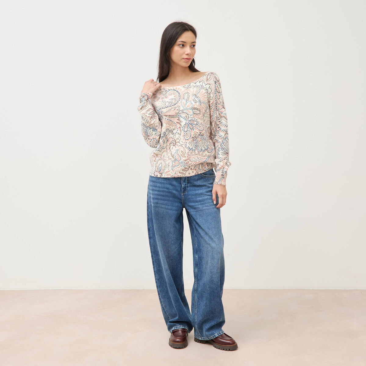 Pull col bateau manches longues ecru femme