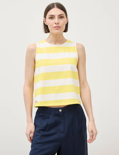 D&eacute;bardeur ray&eacute; col rond en coton jaune femme
