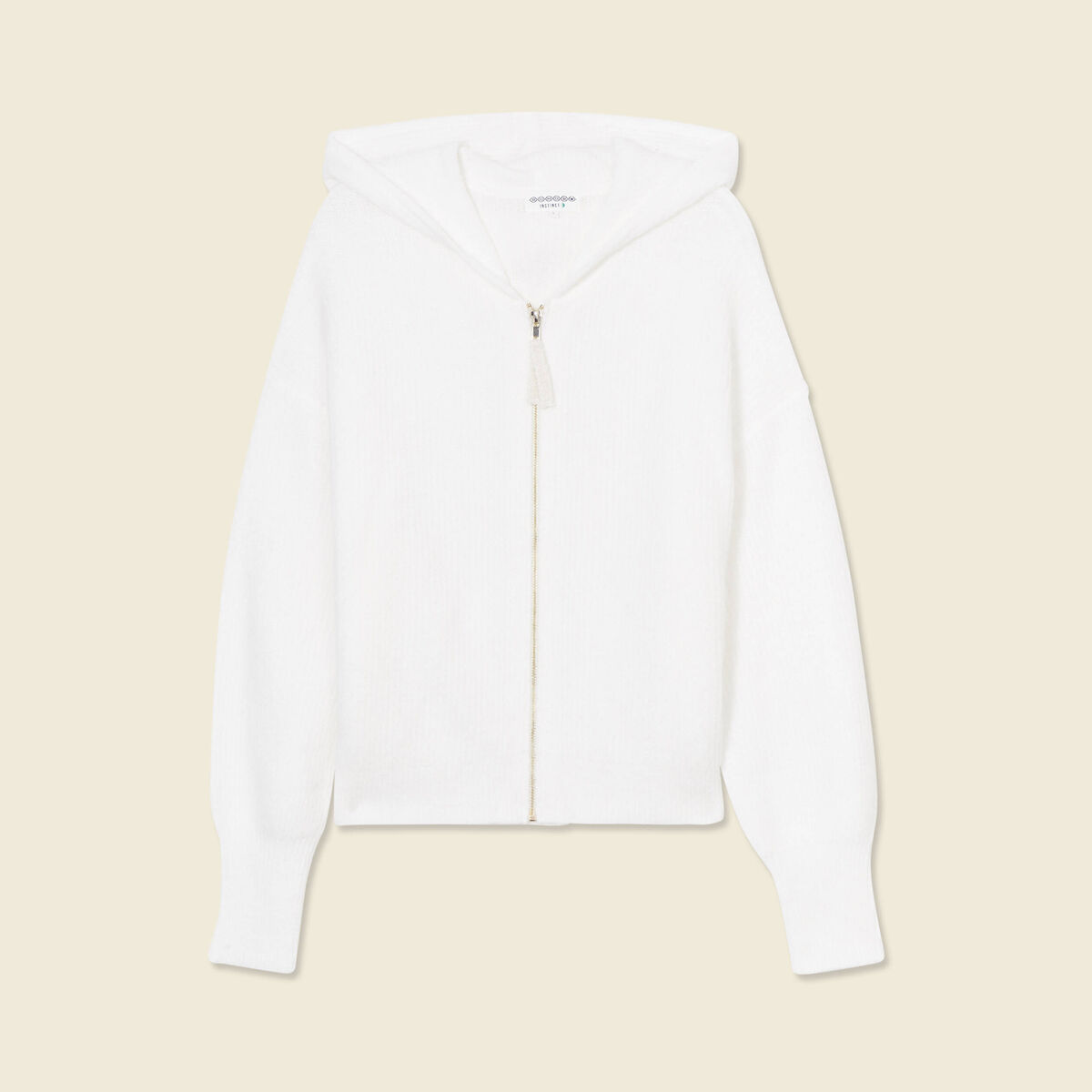 Gilet manches longues capuche ecru femme