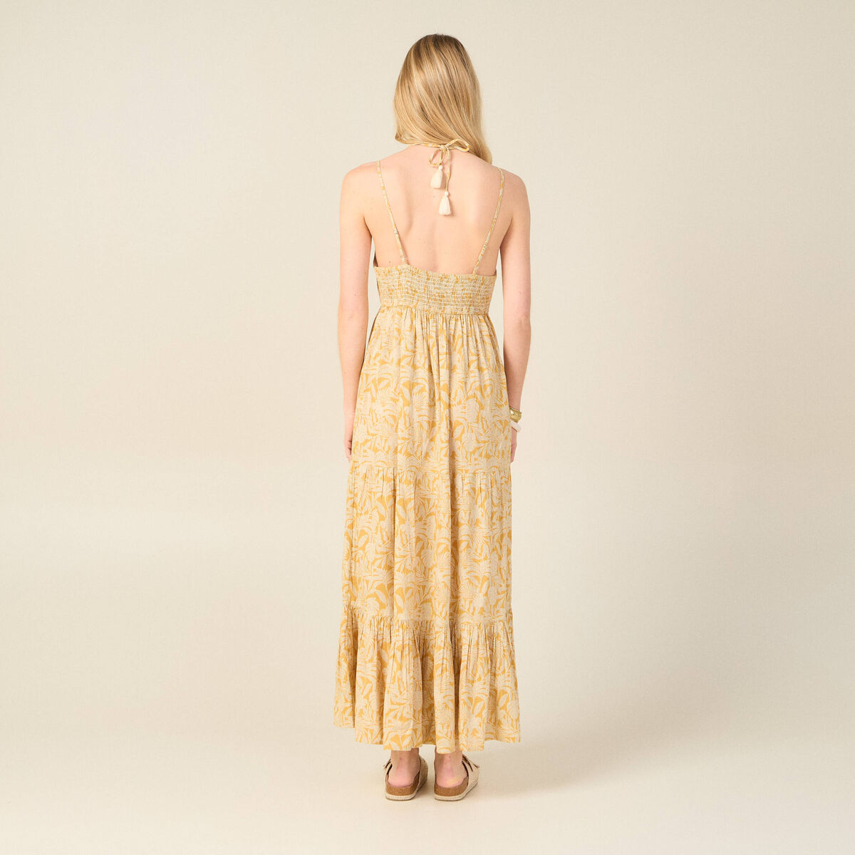 Robe longue évasée bretelles jaune femme