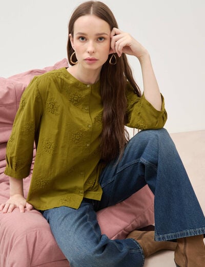 Chemise en coton manches 3/4 vert kaki femme