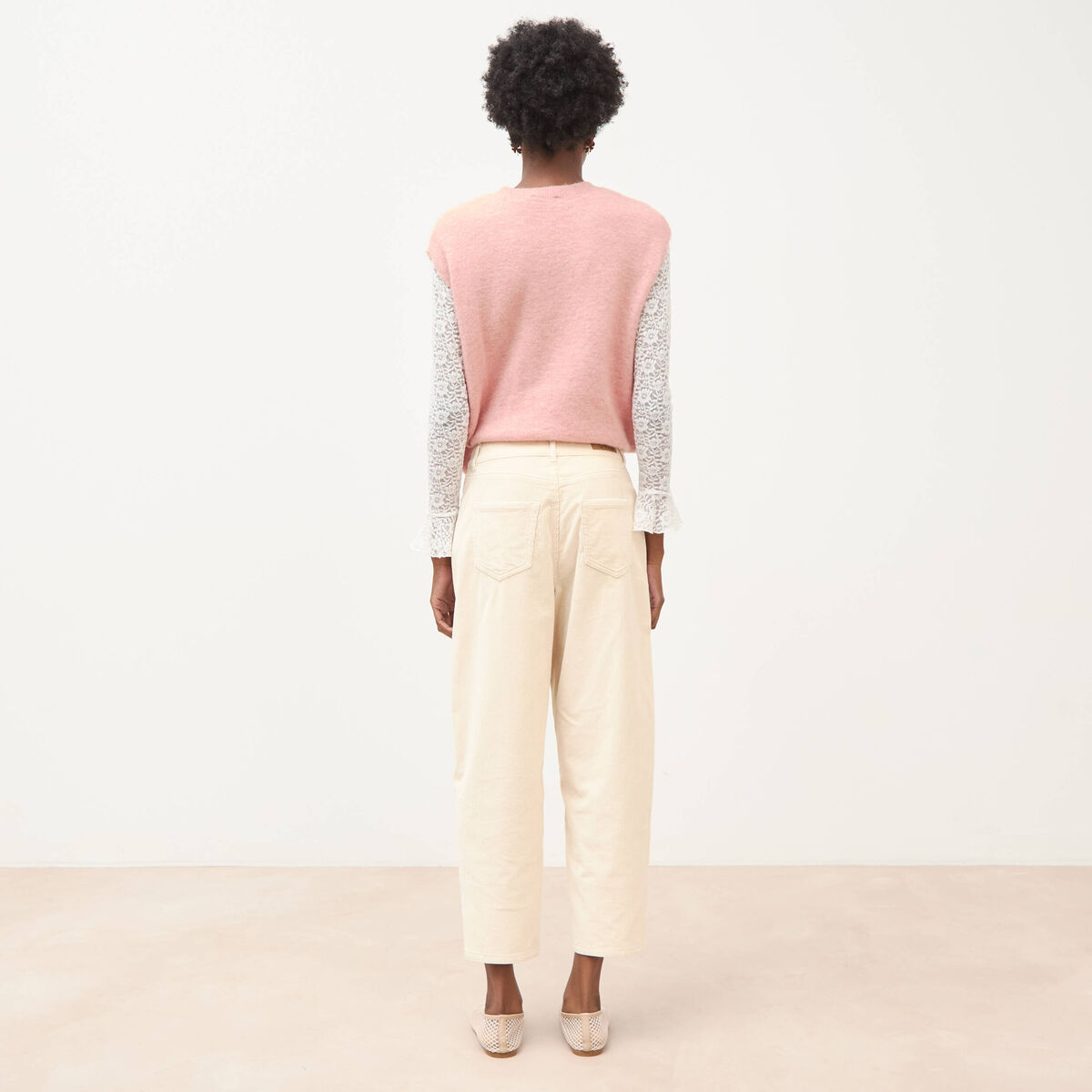 Pantalon barrel taille haute velours ivoire femme