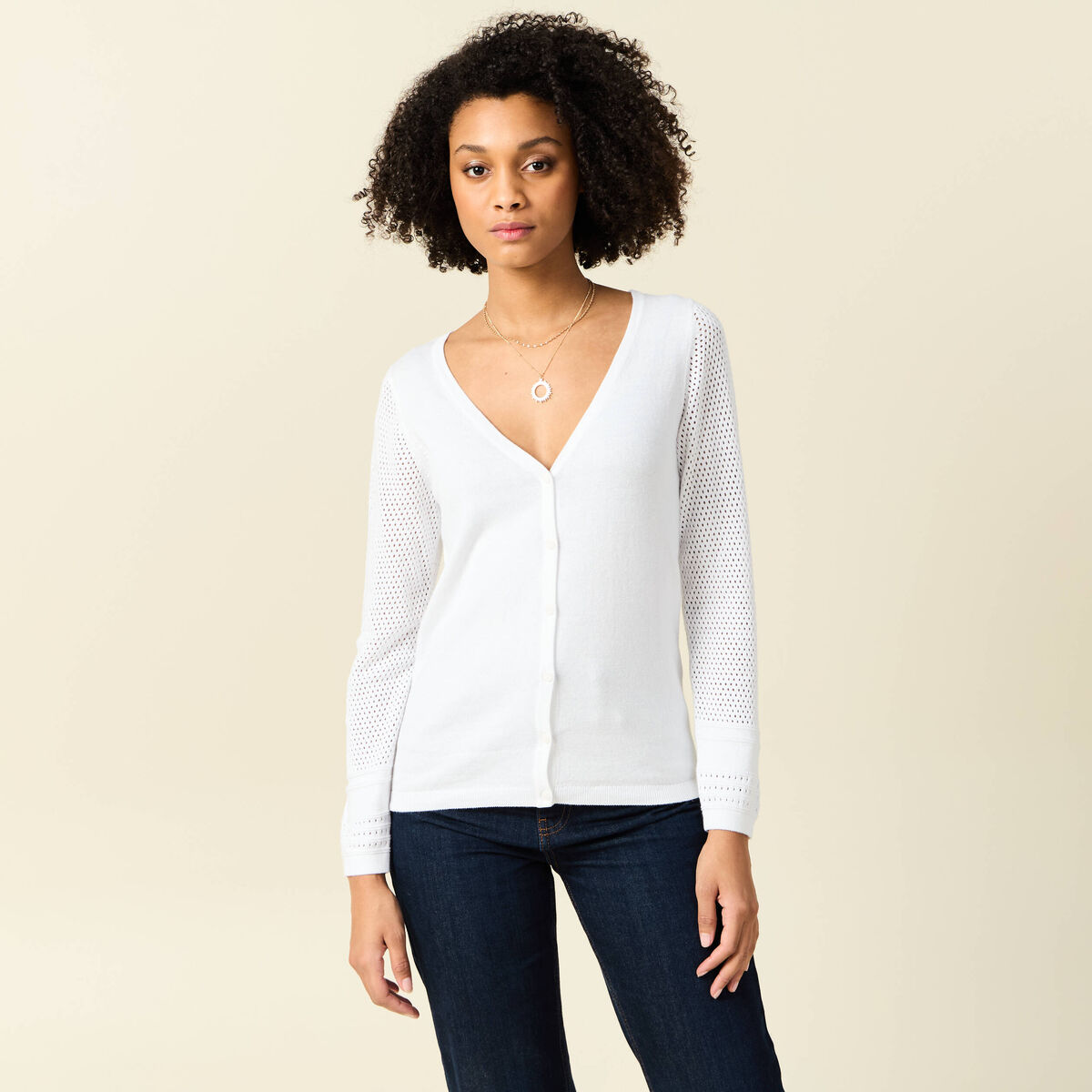 Gilet manches longues boutonné blanc femme