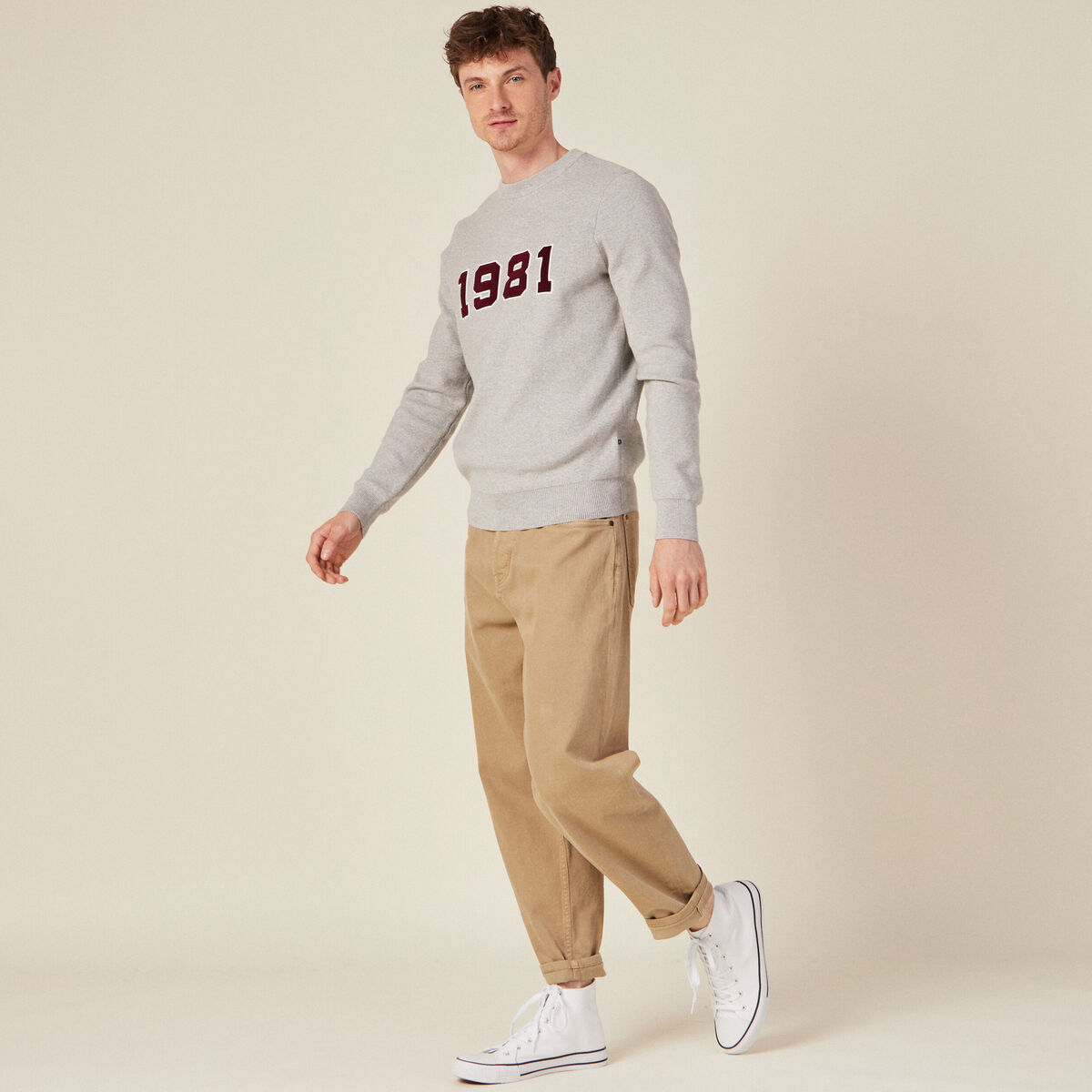 Pull manches longues col rond gris fonc&eacute; homme