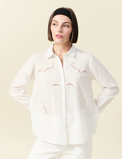 Chemise manches longues en coton brodée creme femme