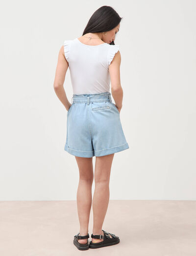Short taille haute en jeans denim bleach femme