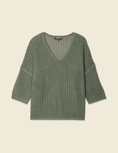 Pull col en V éco-responsable vert kaki femme