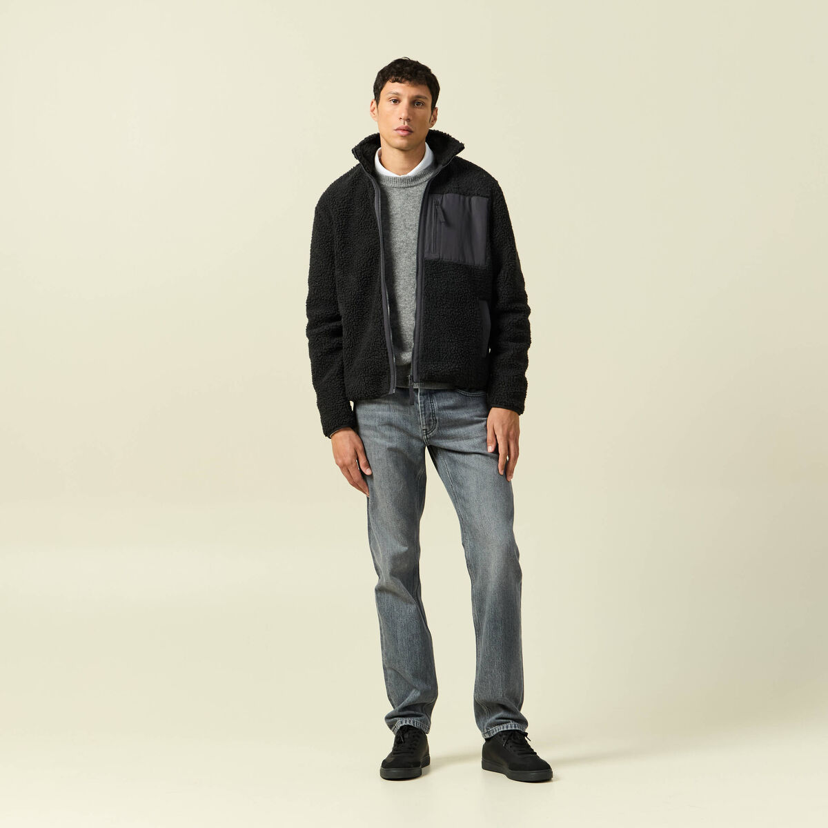 Pull manches longues col rond gris homme