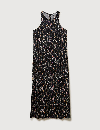 Robe longue droite sans manches col v noir femme