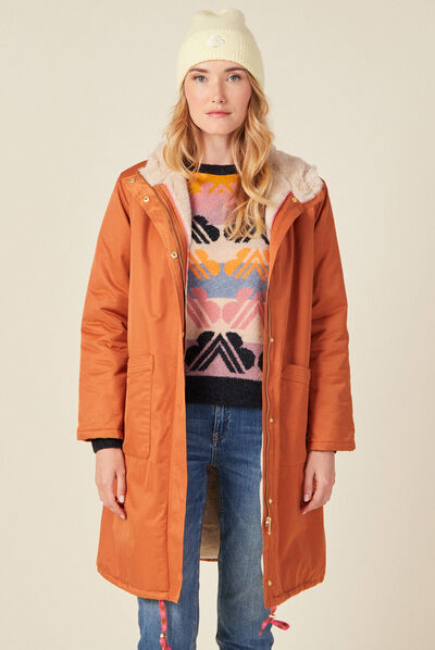 Parka droite à capuche doublée orange foncé femme