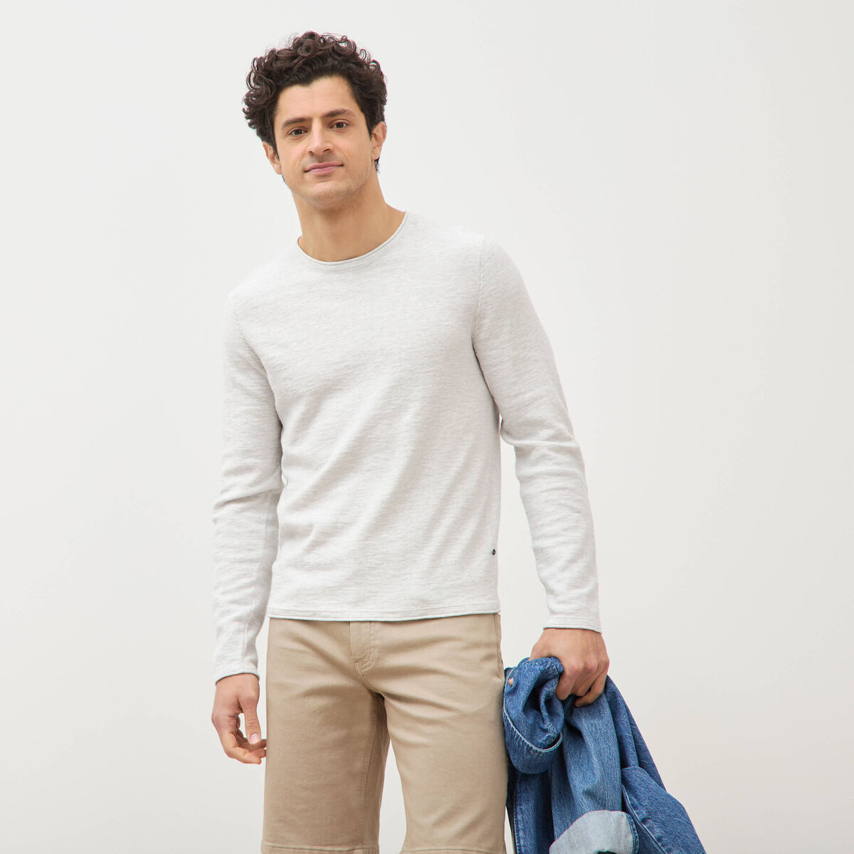 Pull fin en coton manches longues ecru homme