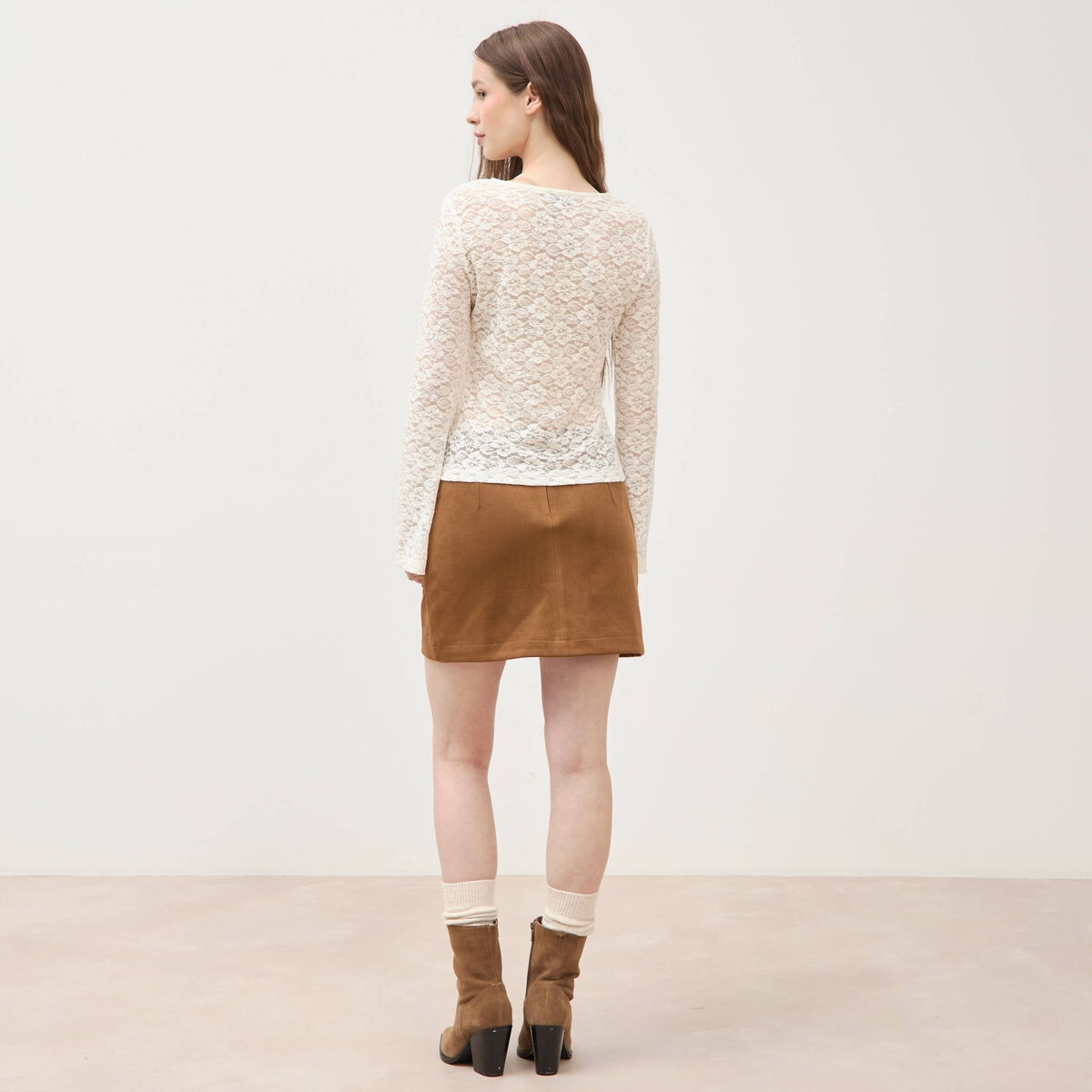 Blouse manches longues dentelle col rond ecru femme