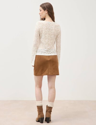 Blouse manches longues dentelle col rond ecru femme