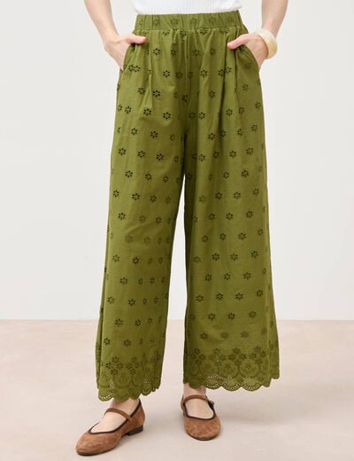 Pantalon droit 7/8&egrave;me brod&eacute; vert kaki femme