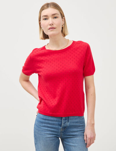 Pull col rond manches courtes rouge fonc&eacute; femme