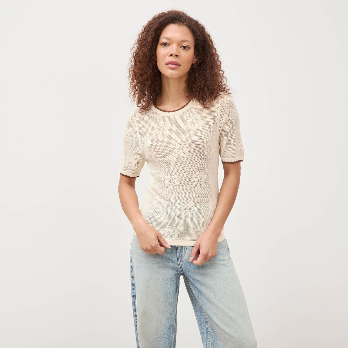 Pull droit court manches courtes ecru femme
