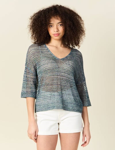 Pull manches courtes ajouré bleu clair femme