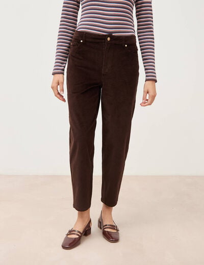 Pantalon taille haute velours resserr&eacute; marron femme