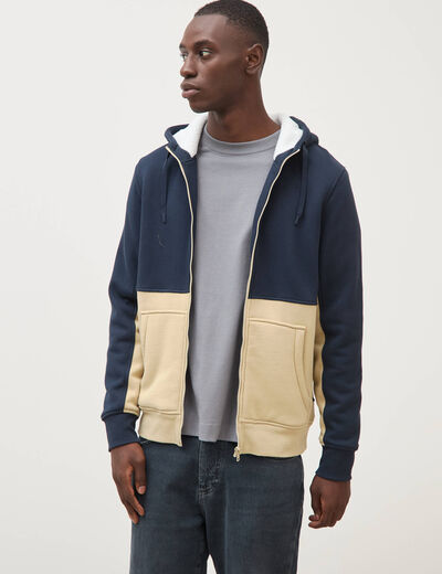Sweat droit sherpa &agrave; capuche bleu marine homme