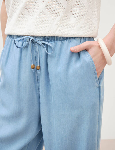 Jeans taille &eacute;lastique coupe droite denim bleach femme