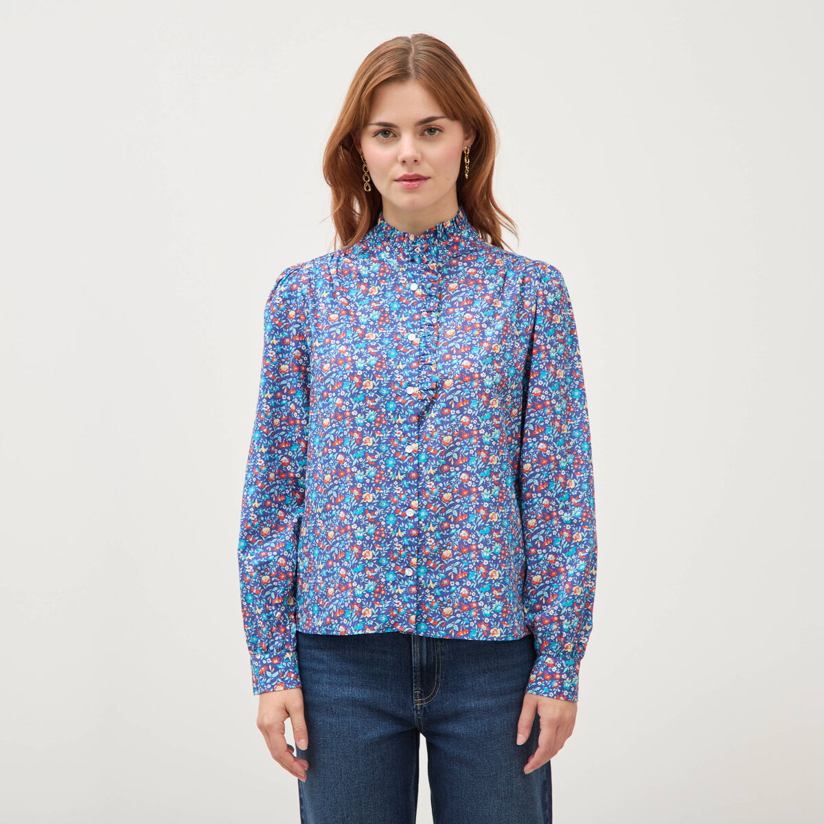 Chemise droite en coton manches longues bleu marine femme