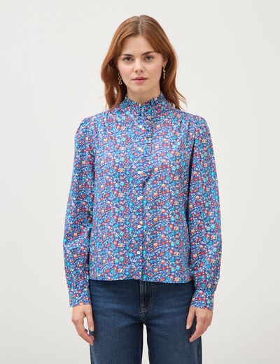 Chemise droite en coton manches longues bleu marine femme