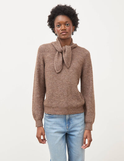 Pull droit col montant manches longues marron femme