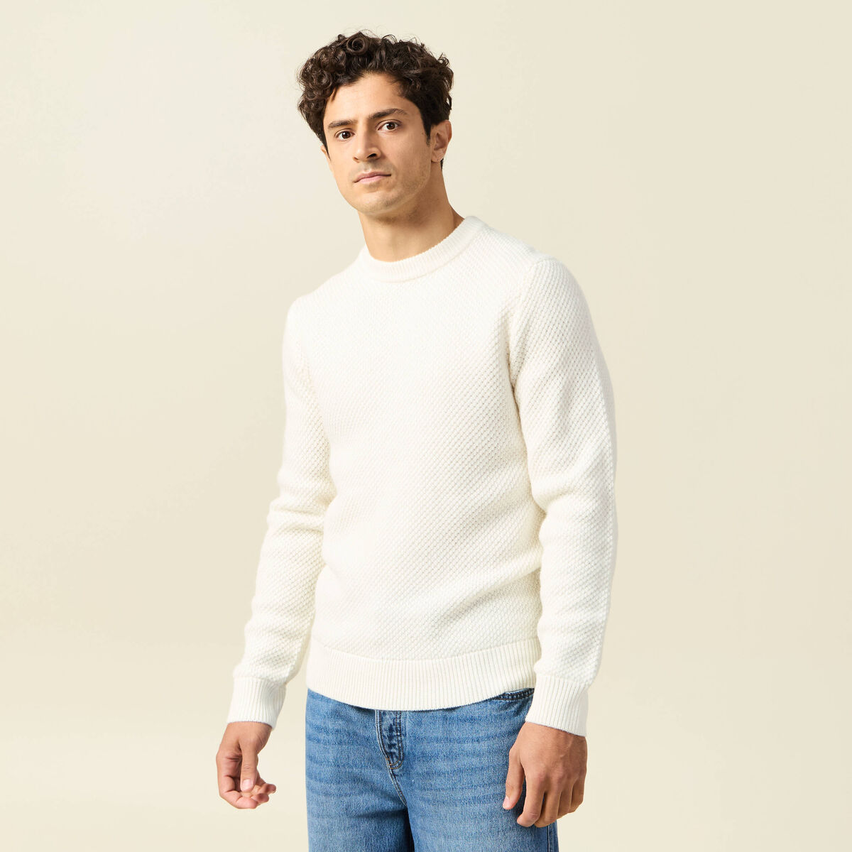 Pull col rond ecru homme