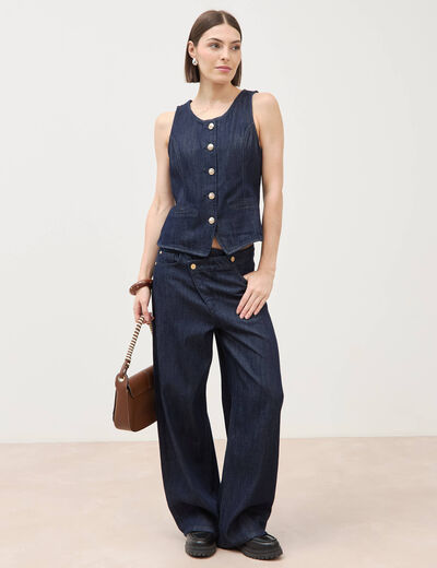 Gilet en jeans sans manches col rond denim brut femme