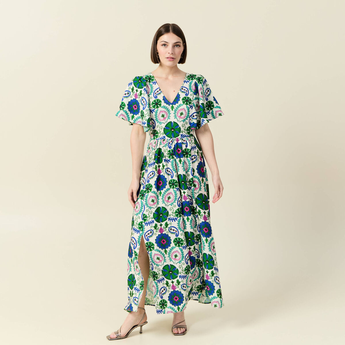 Robe col V manches courtes blanc femme