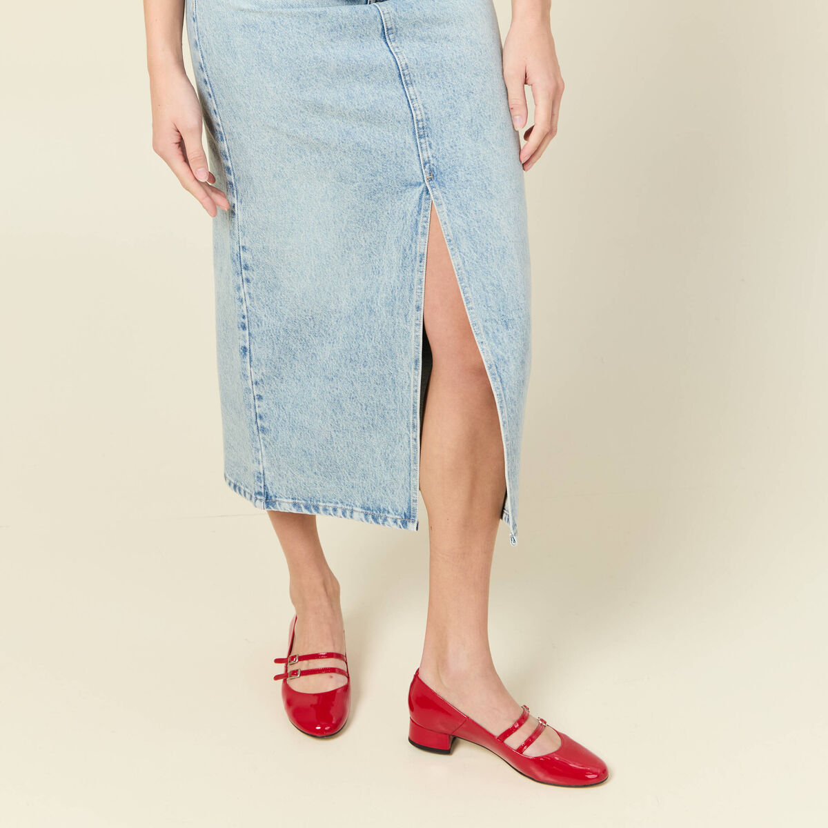 Jupe midi droite en jean denim bleach femme