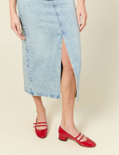 Jupe midi droite en jean denim bleach femme