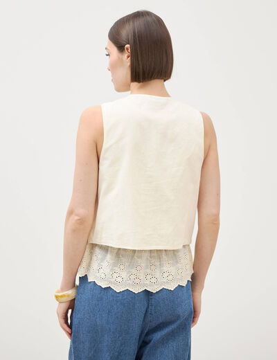 Gilet sans manches col v broderie ecru femme