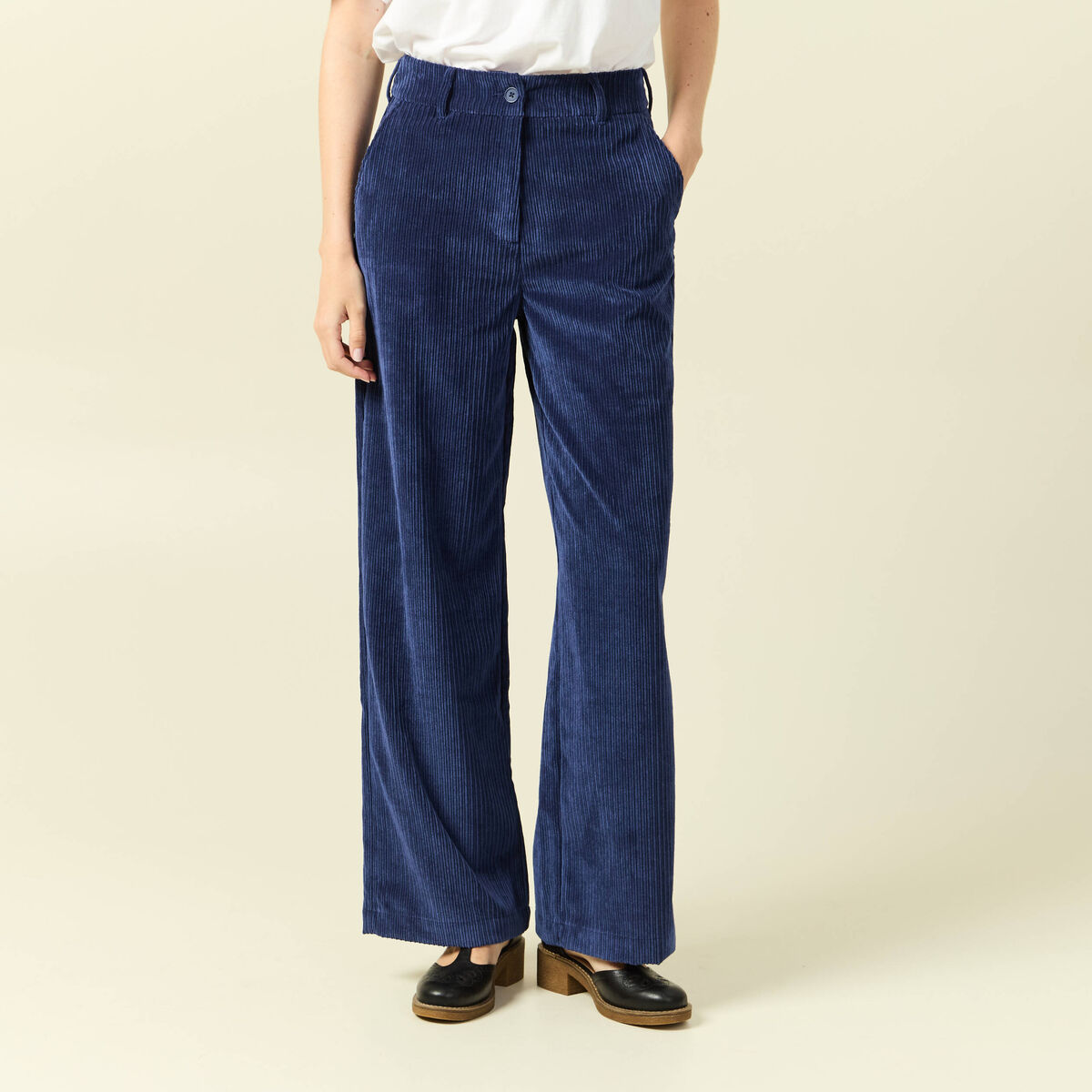 Pantalon large taille haute en velours bleu marine femme