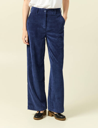 Pantalon large taille haute en velours bleu marine femme