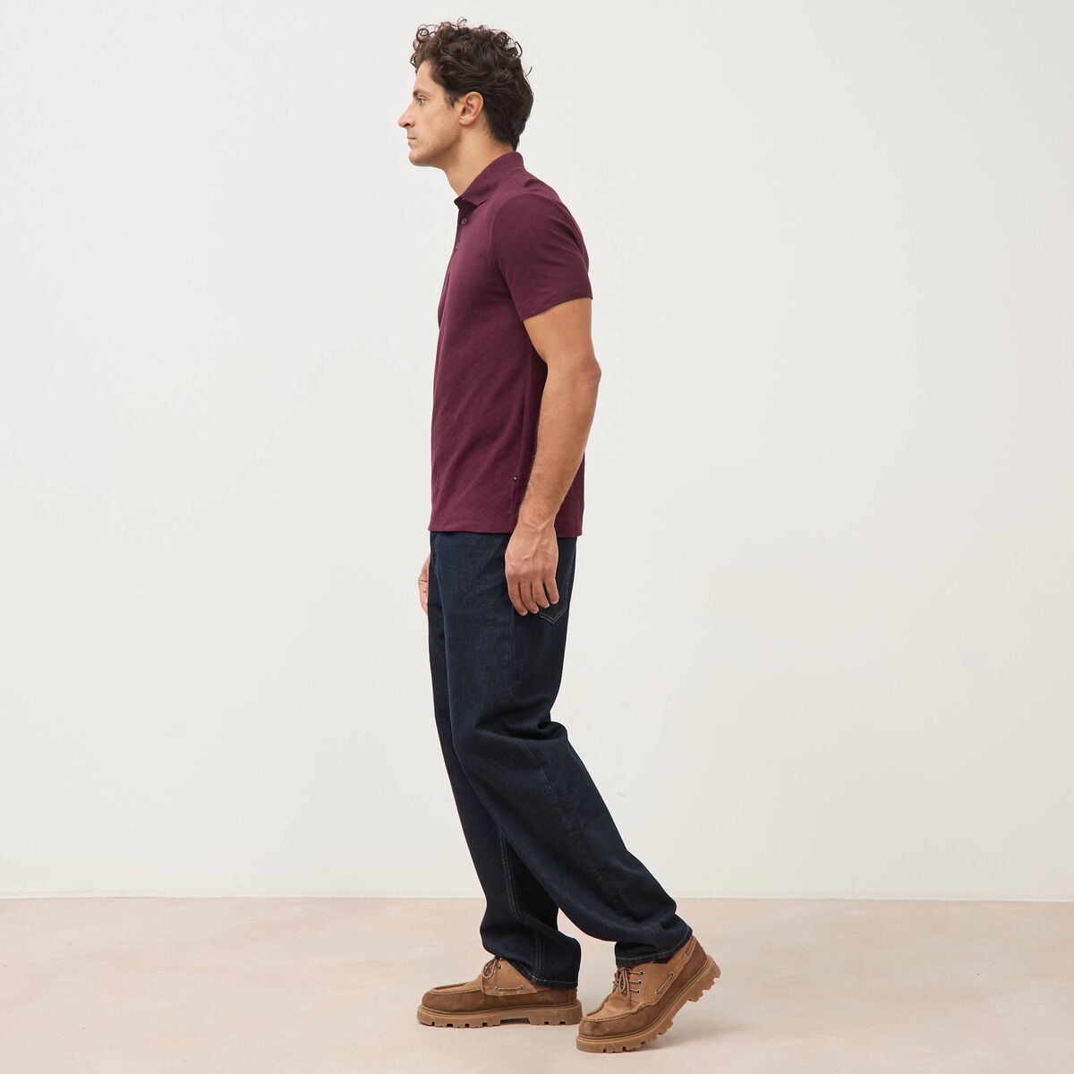Polo droit en coton manches courtes prune homme
