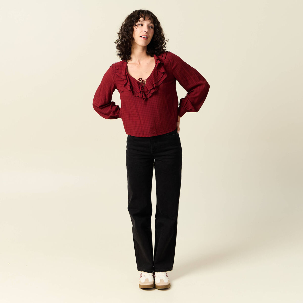 Blouse manches longues rouge fonc&eacute; femme