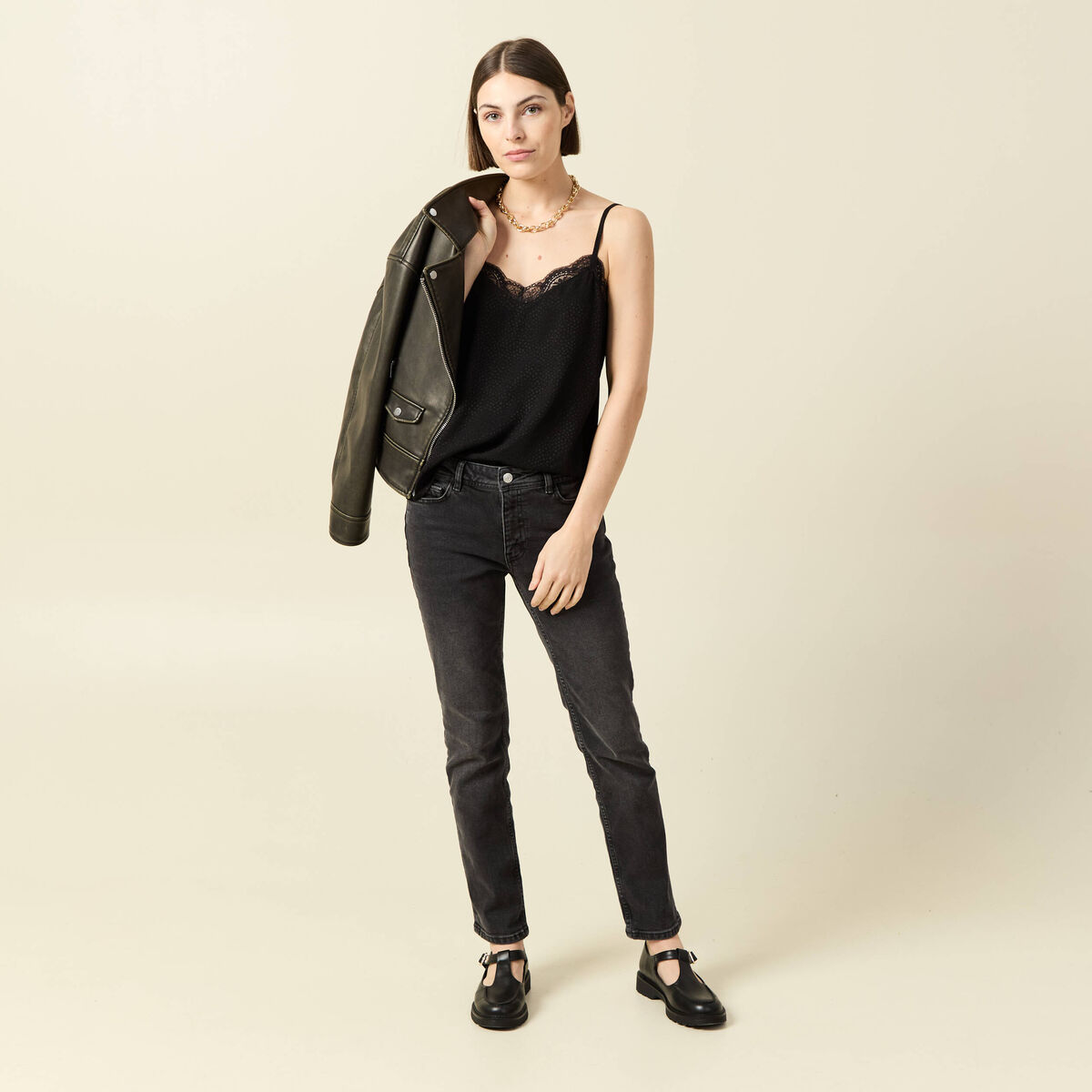 Jeans slim taille standard 7/8&egrave;me denim noir femme