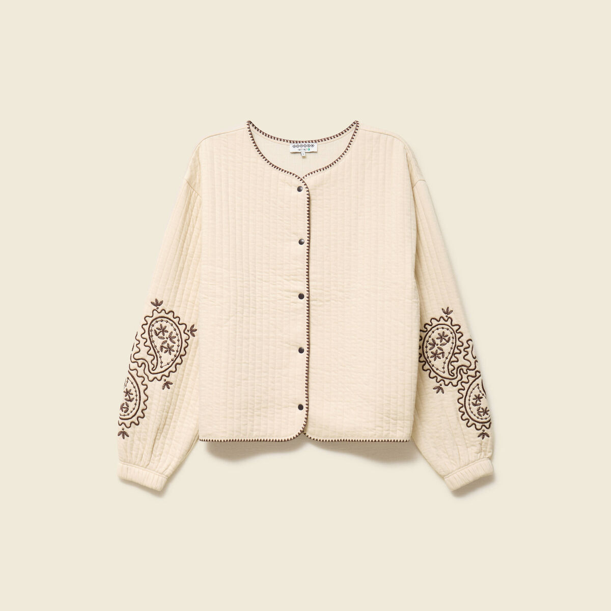 Cardigan droit court col rond brod&eacute; ivoire femme
