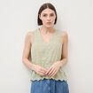 Top col v sans manches en coton vert kaki femme