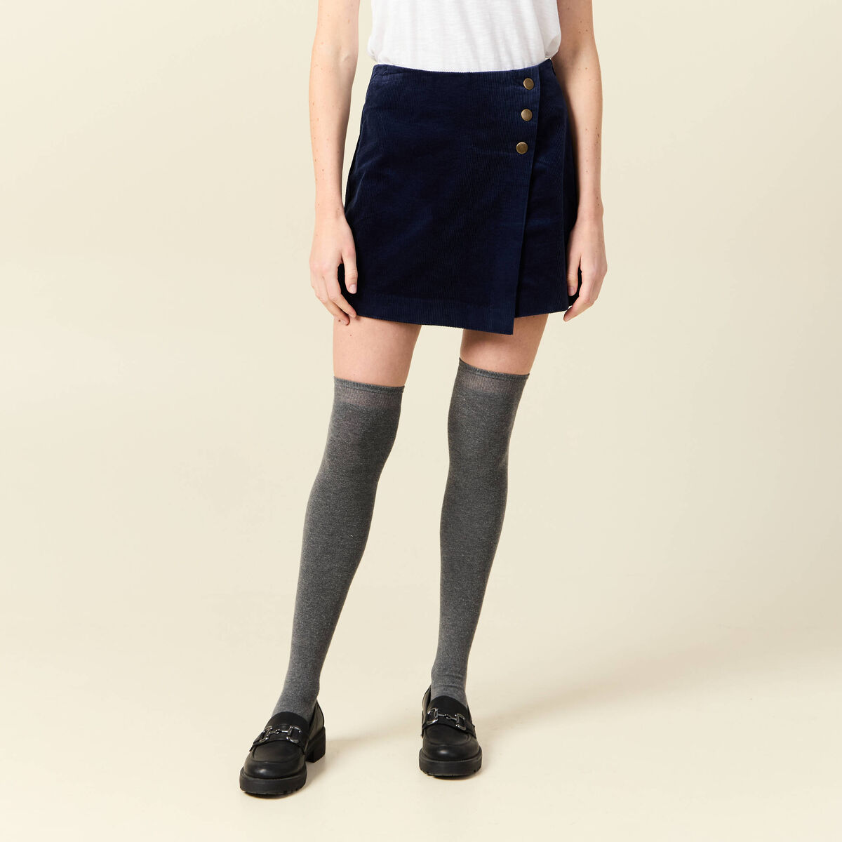 Jupe-short taille haute en velours bleu marine femme