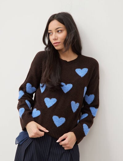 Pull manches longues bouclette col rond marron femme