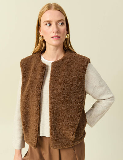 Gilet sans manches bouclette col rond marron femme