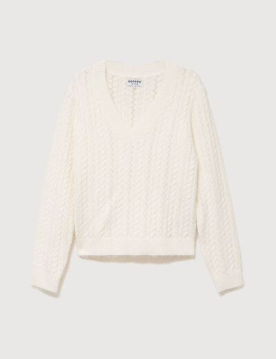 Pull droit col v manches longues ecru femme
